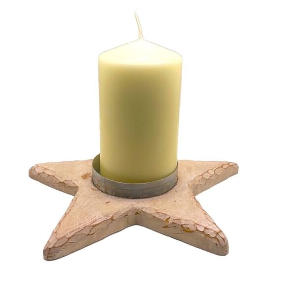 Star Shaped Distressed Wood-Like Candle Holder & Large Candle - Picture 1 of 16
